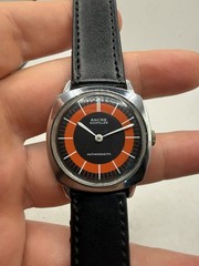VINTAGE Ancre Goupilles Antimagnetic Orange Black Dial Cushion Mens Watch RUNS