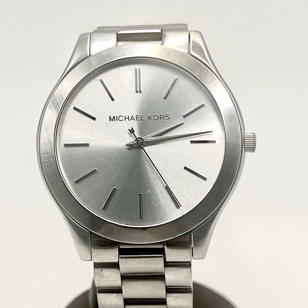 Michael Kors MK 3178 Slim Runway Unisex Watch 7″ Silver Tone New Battery