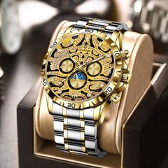 GLENAW Tiger dial rhinestone scale gold 12-hour week mechanical men’s watch