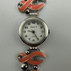 Vintage Jennie B Watch Breast Cancer Awareness Ribbon Band Silver Pink Works