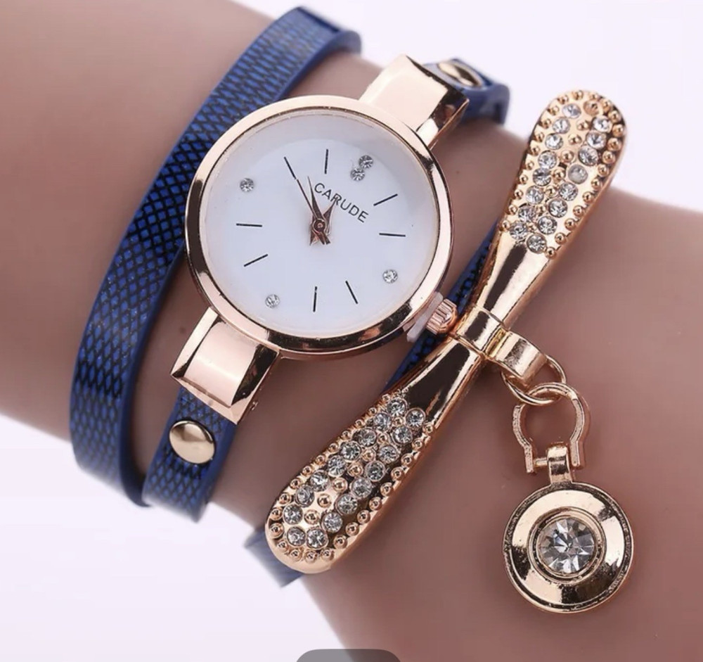 Carude Women’s Casual Quartz Analog Watch White Dial Blue Leather Wrap Rose Gold