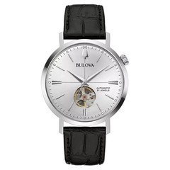 Bulova Aerojet Automatic Open Heart Skeleton Black Leather Men’s Watch 96A315