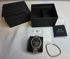Armani Exchange Two-Tone IP Chronograph Watch with Black Dial and Chain Bracelet