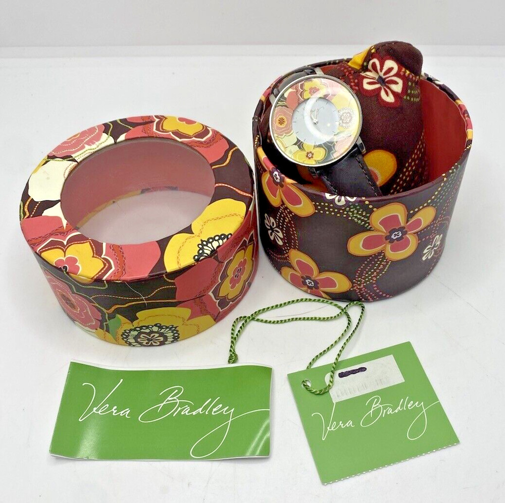 Vera Bradley Buttercup Watch Silver Tone Floral Bezel Brown Leather Band in Case