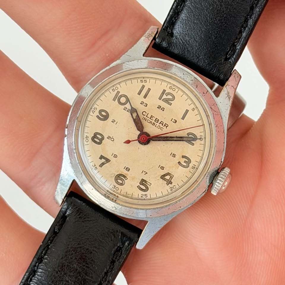 Vintage Clebar Military-Style Watch – 24 Hour Dial, Incabloc