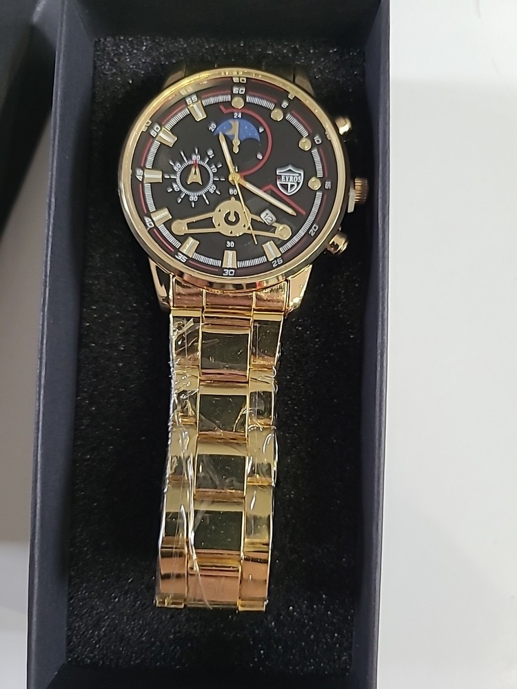 Deyros Men’s Gold Watch With Black Dial Time And Date 8 3/4 Band