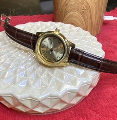 Miykon Quartz Wristwatch Gold Tone 34mm Beautiful / Quality Brown Leather Strap