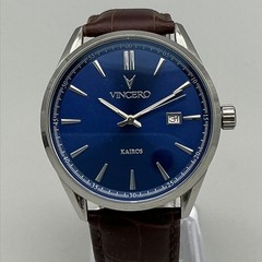 Vincero Kairos Mens Watch 42mm Blue Dial Leather Date Stainless New Battery