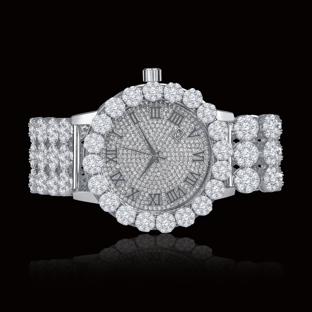 Men’s Genuine Diamond White Gold Custom Flower Roman Dial Numerical Watch W/Date