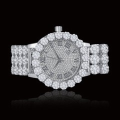 Men’s Genuine Diamond White Gold Custom Flower Roman Dial Numerical Watch W/Date