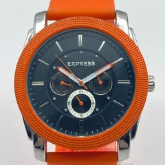 Express Men’s Watch 45mm Silver Tone Orange Day Date Silicone New Battery 9.5″
