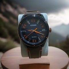 Mens Citizen Eco Drive e111-s108705 Black / Orange Brown Leather Watch