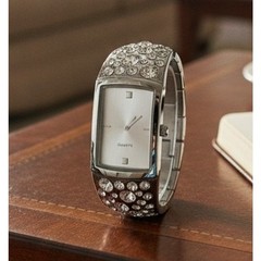 Chico’s Women’s Silver Tone Rhinestone Cuff Watch Quartz Hinged Bracelet Bangle
