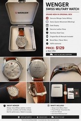 Wenger Swiss Military Men’s Swiss Quartz Date Silver Dial Leather Strap 42mm