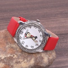 Betty Boop Women’s Silver Finish Analog Wristwatch Metal Red Leather Band