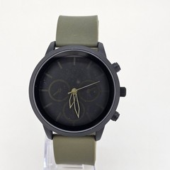 Men’s Watch 45MM Black Case Black Dial Dark Green Plastic Bands New Battery