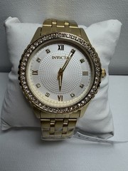 Invicta Men’s Gold Gem-Set Wristwatch Gemstone Markers Metal Bracelet Box