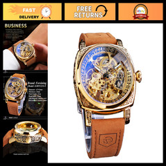 Square Retro Mechanical Watch, Self-Wind Skeleton Automatic, Vintage Leather Str