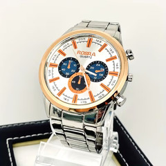 Men Stainless Steel Alloy Quartz Watch  Large Dial Black Golden Accents Business