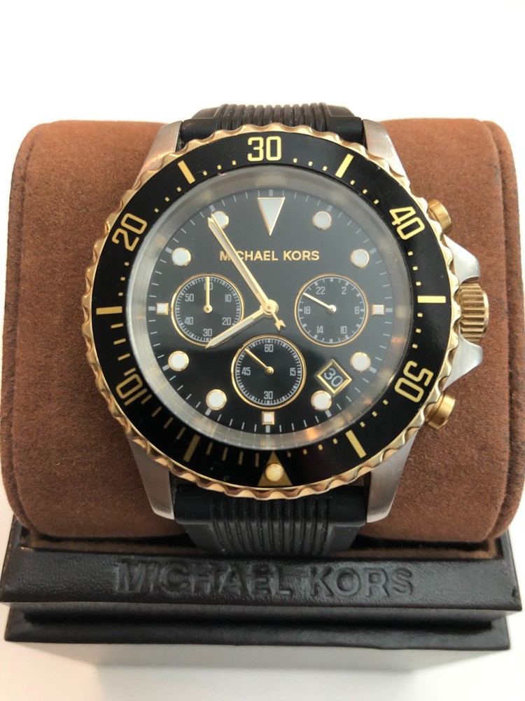 MICHAEL KORS Chronograph Watch Everest Two Tone Silicone Black Strap UNISEX
