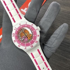 NEW✅SKELETON✅ SWATCH FEEL THE WAVE WHITE PINK SILICONE WATCH SUUW101