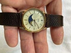 Seiko Moon Phase Watch Men 32mm Champagne Dial Gold Tone Date 7434-7008 New Batt