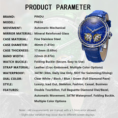 PINDU Premium Automatic Watch Full Baguette Diamond Skeleton Luxury Steel Case