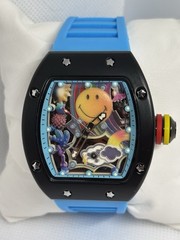MENS Smiley Face Skeleton Art Dial Blue Strap Watch New Box Papers