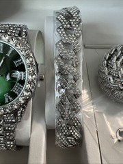 Hip Hop Simulated Diamond Luxury Watch & Iced Cuban Chain Necklace Bracelet set
