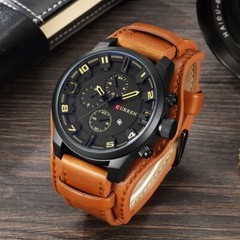 CURREN Men Military Watch Chronograph Leather Strap Waterproof Analog Quartaz
