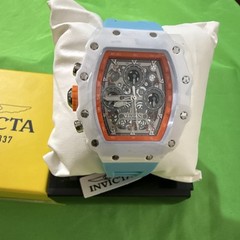 Invicta Racing Quartz Chronograph 50m Tonneau Watch White/Gray Blue Strap Box