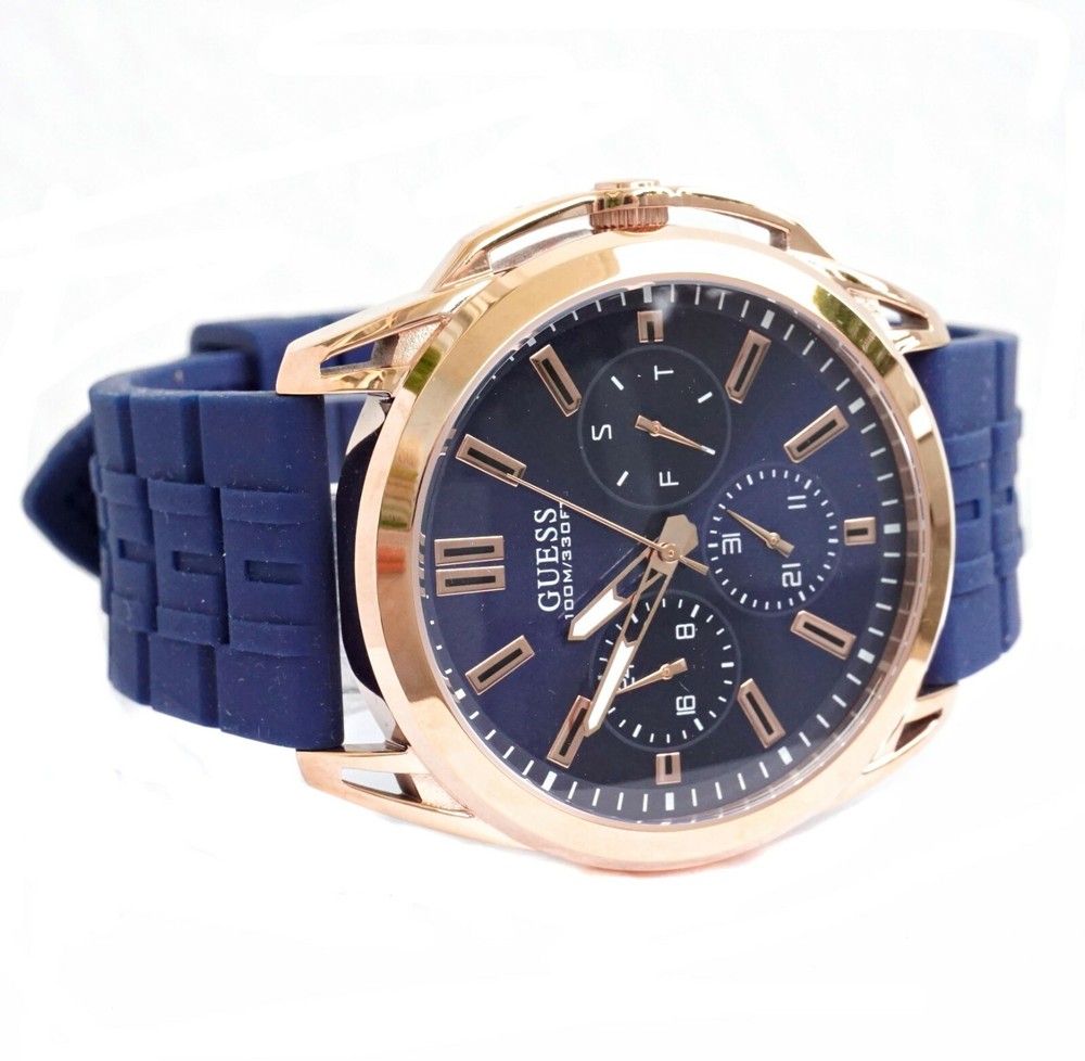 GUESS Watch Men’s Wristwatch Vertex W1177G4 Silicone Blue Rose Gold New