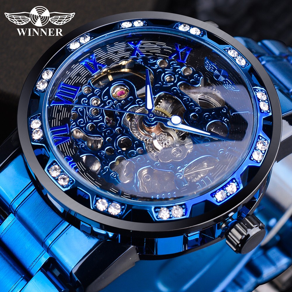 WINNER Mens Mechanical Wrist Watch Stainless Steel Luxury Diamond Skeleton Watch