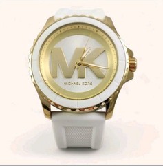 Michael Kors Womens Everest Gold Casual Watch MK Logo Dial White Silicone Band