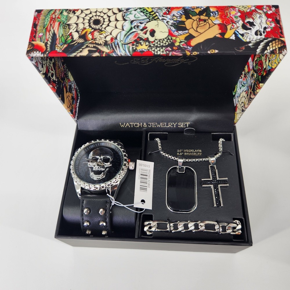 Ed Hardy Watch Jewelry Set Skull Dog Tag Cross Necklace Bracelet MO246S-42-B02