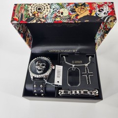 Ed Hardy Watch Jewelry Set Skull Dog Tag Cross Necklace Bracelet MO246S-42-B02