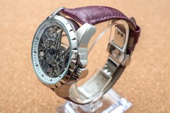 Mens Silver Flywheel Skeleton Automatic Mechanical Watch Purple Leather