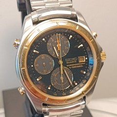 SEIKO 7T52-7A09 Wristwatch Quartz Timepiece 1/100sec chronograph Gold Bezel Runs