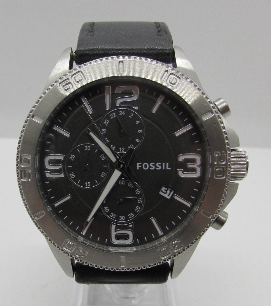 FOSSIL BQ1628 251503 STAINLESS STEEL BLACK LEATHER DATE QUARTZ 45MM WRIST WATCH
