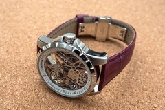 Mens Silver Flywheel Skeleton Automatic Mechanical Watch Purple Leather