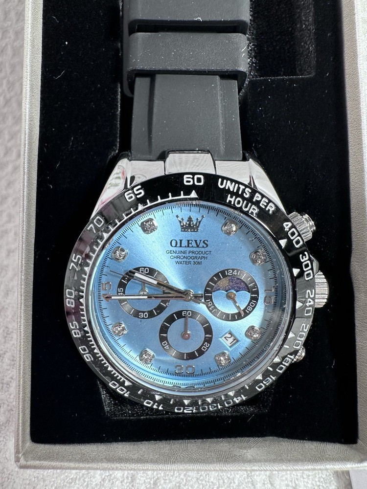 OLEVS Men’s Chronograph Quartz Watch Blue Dial Black Silicone Strap 3ATM
