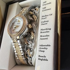 Elgin Women’s Two-Tone Crystal Watch & Matching Bracelet Gift Set Mother of Pear