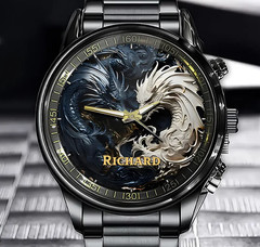 Personalized Yin and Yang Dragon Mythical Design Black Stainles Steel Watch