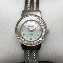 Gruen Watch Women 25mm Floating Crystals Silver Tone Open Cuff New Battery 6.5″