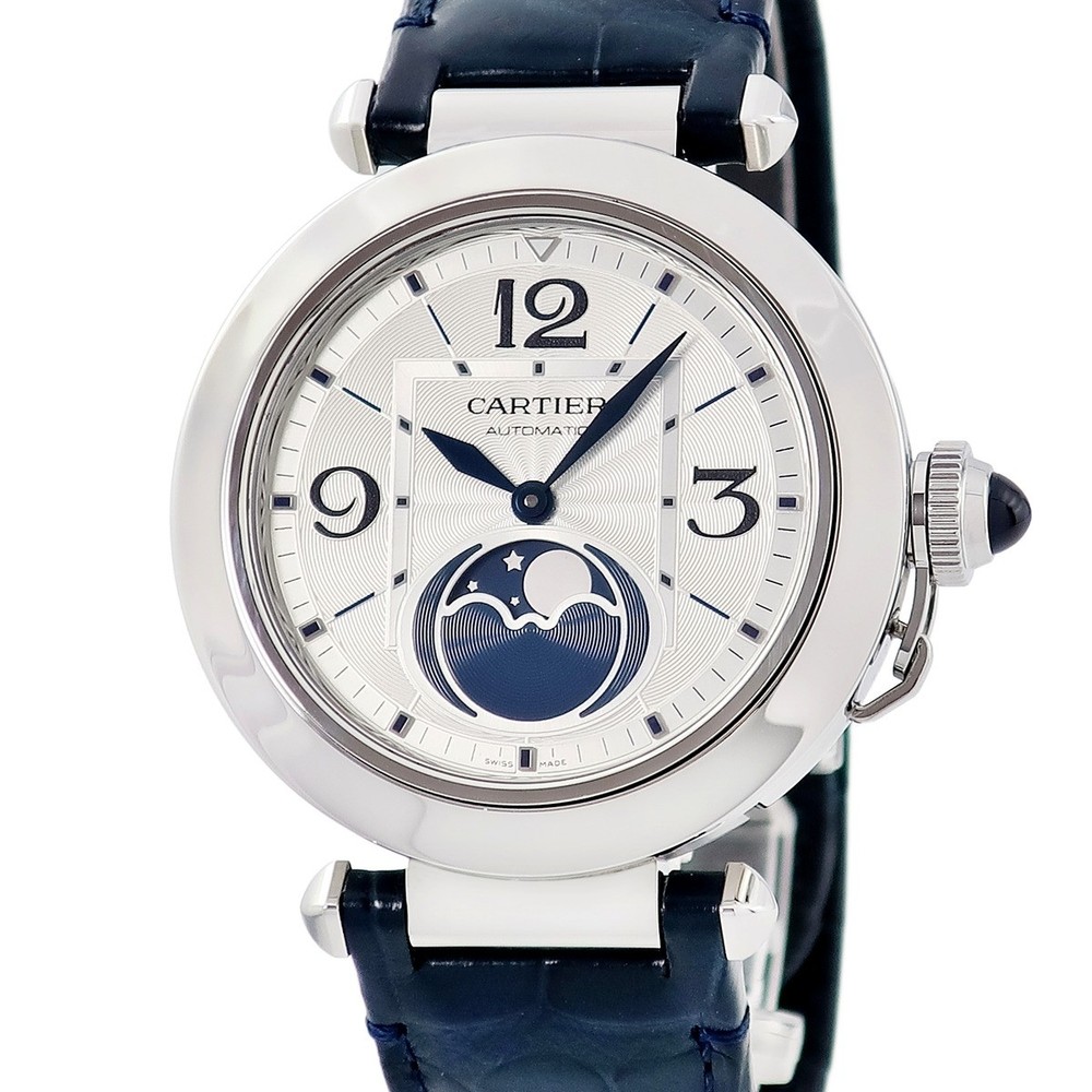 Cartier Pasha de Cartier 1.6 ” WSPA0030 Moon Phase Silver Guilloché Blue H
