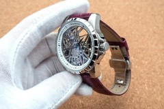 Mens Silver Flywheel Skeleton Automatic Mechanical Watch Purple Leather