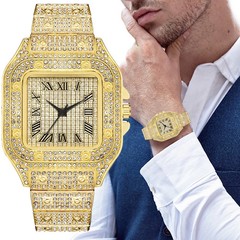 Classic Luxury Business Men’s Steel Strap Square Roman Scale Rhinestone