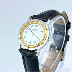 Hermes Clipper Quartz Ladies Watch Ivory Dial Date Black Leather Auth
