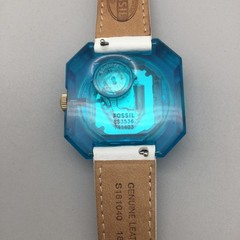Fossil Candy Watch Unisex 35mm Blue Octagon White Leather Day Date New Battery