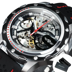 Automatic Skeleton Watch Men Mechanical Self Wind Black Rubber Strap WINNER